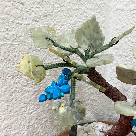 Vintage Carved Semi-Precious Stone Faux Turquoise Buds Bonsai Miniature Tree - Picture 11 of 12